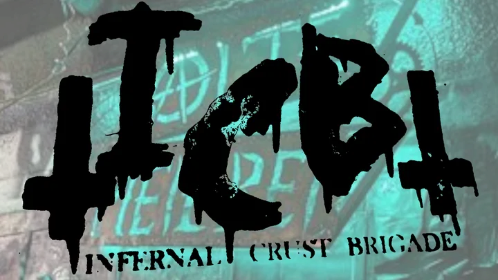 Logo der Infernal Crust Brigade (ICB) mit umgedrehten Kreuzen. Im Hintergrund ein Schriftzug der alten Meierei.